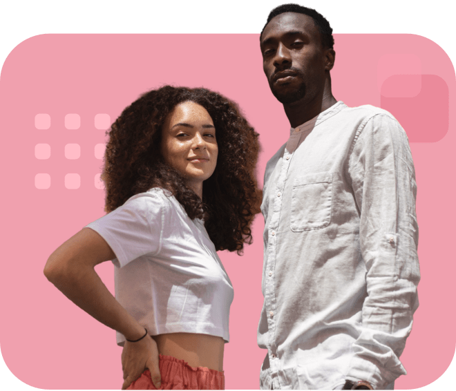 Two individuals in three-quarter- profile with faces forward standing side by side; one with curly hair in a white cropped top, the other in a white shirt.